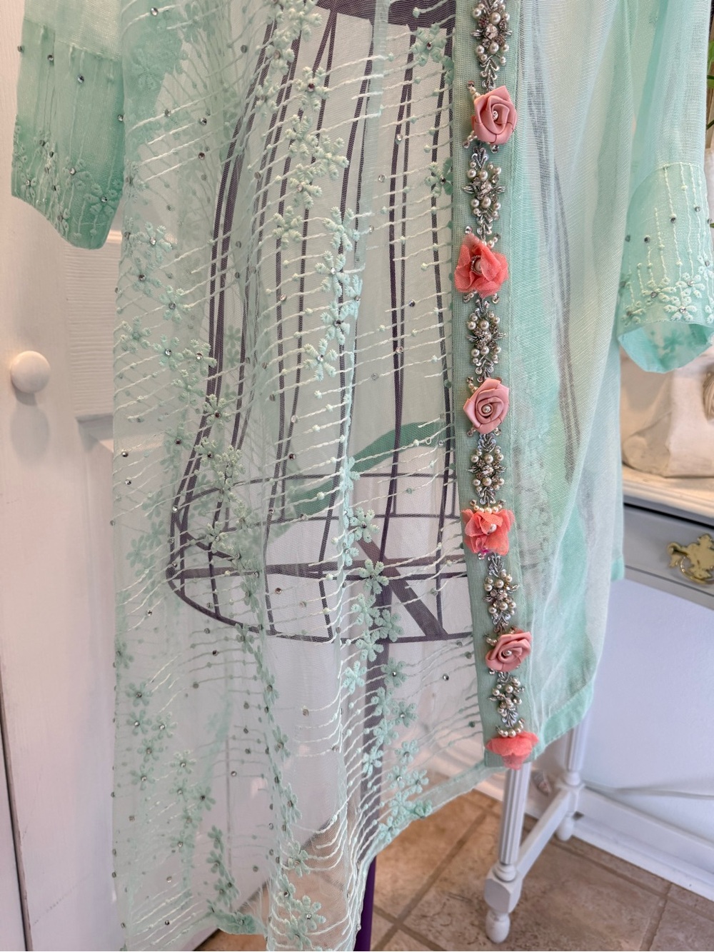 Cottage core Resort Wear VinageBrand Mint Sheer Floral Embellished Kimono Jacket - Picture 5 of 7